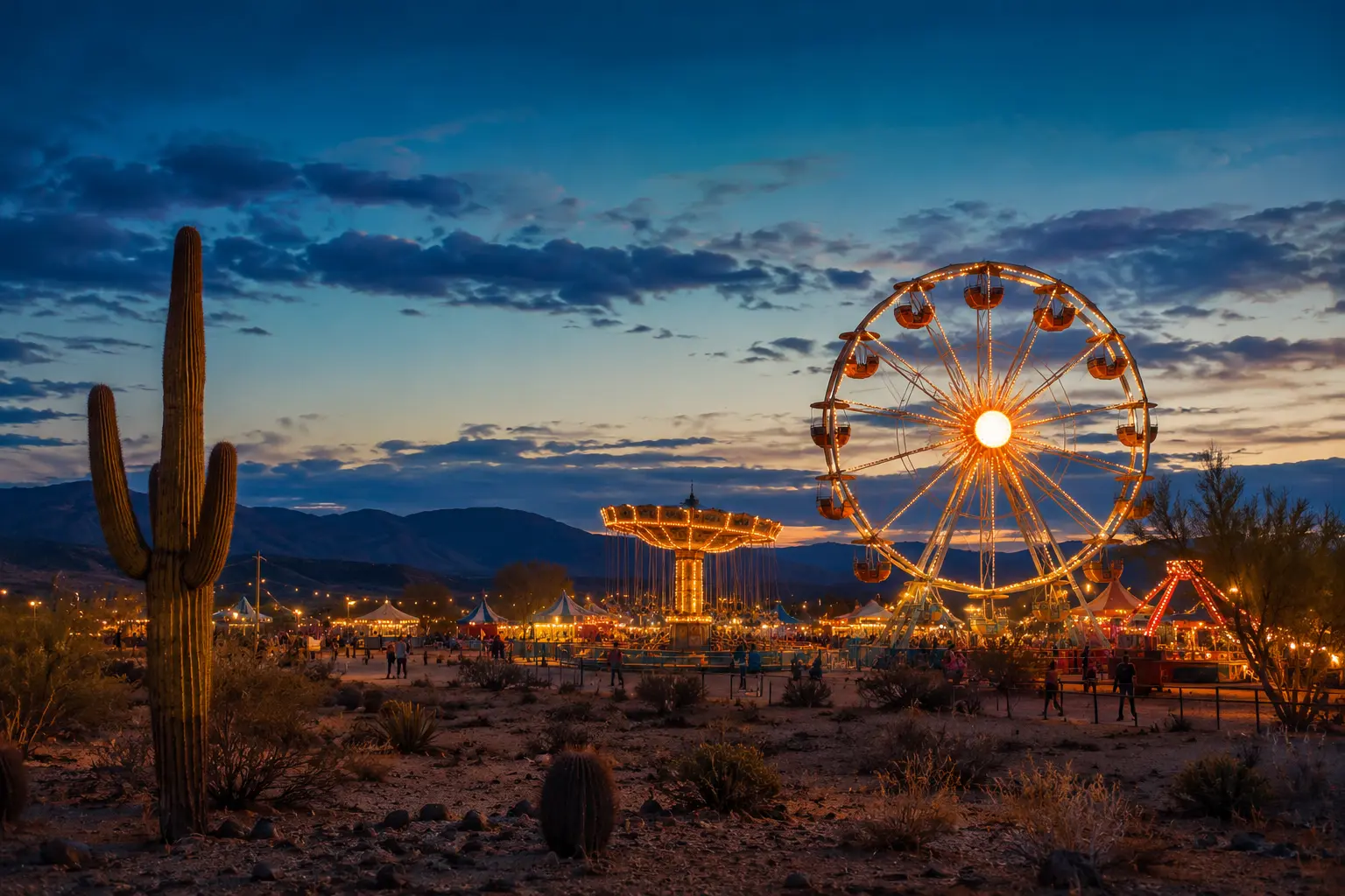 A real Arizona desert fair at blue hour with a glowing ferris wheel, saguaro silhouettes, and mountain horizon